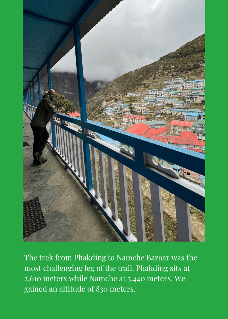Mohamed Isa on a balcony overlooking Namche Bazaar after the climb from Phakding