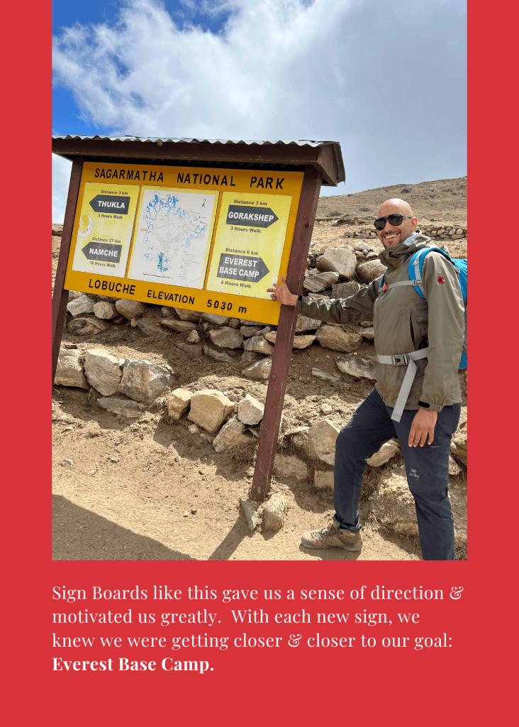 Mohamed Isa beside the Sagarmatha National Park sign at Lobuche, 5,030 meters, pointing toward Everest Base Camp