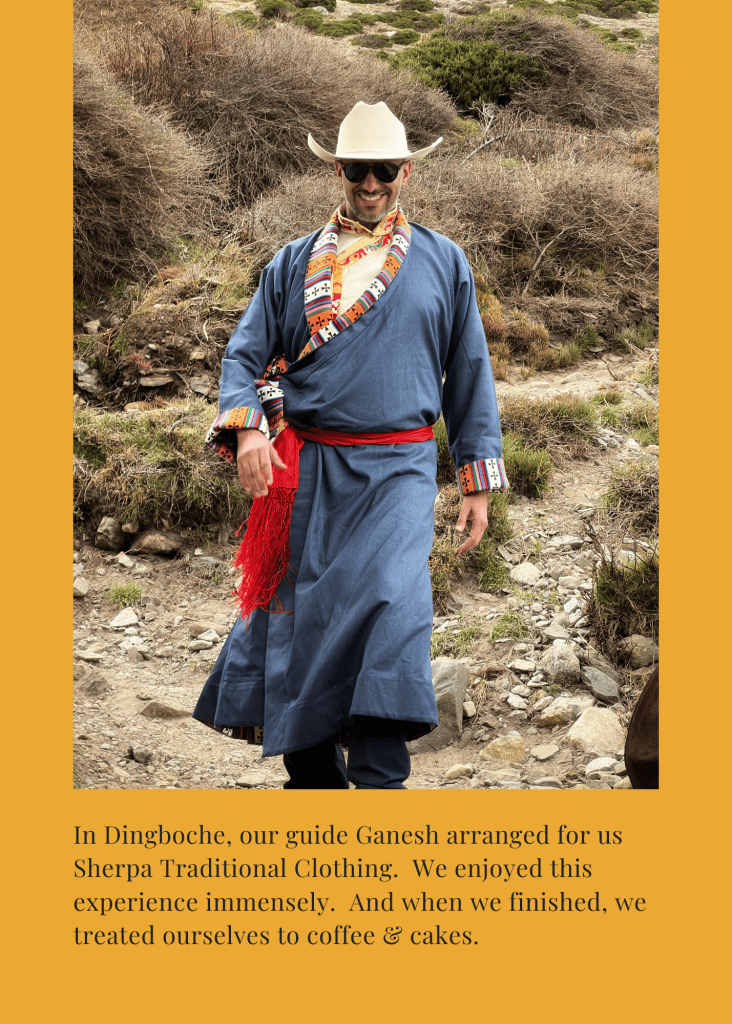 Mohamed Isa in traditional Sherpa clothing and a white hat in Dingboche