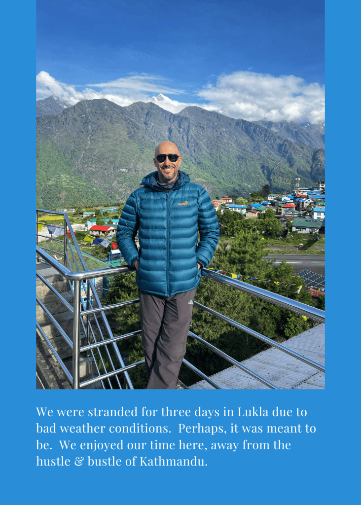 Mohamed Isa on a terrace in Lukla, where weather kept the team for three days