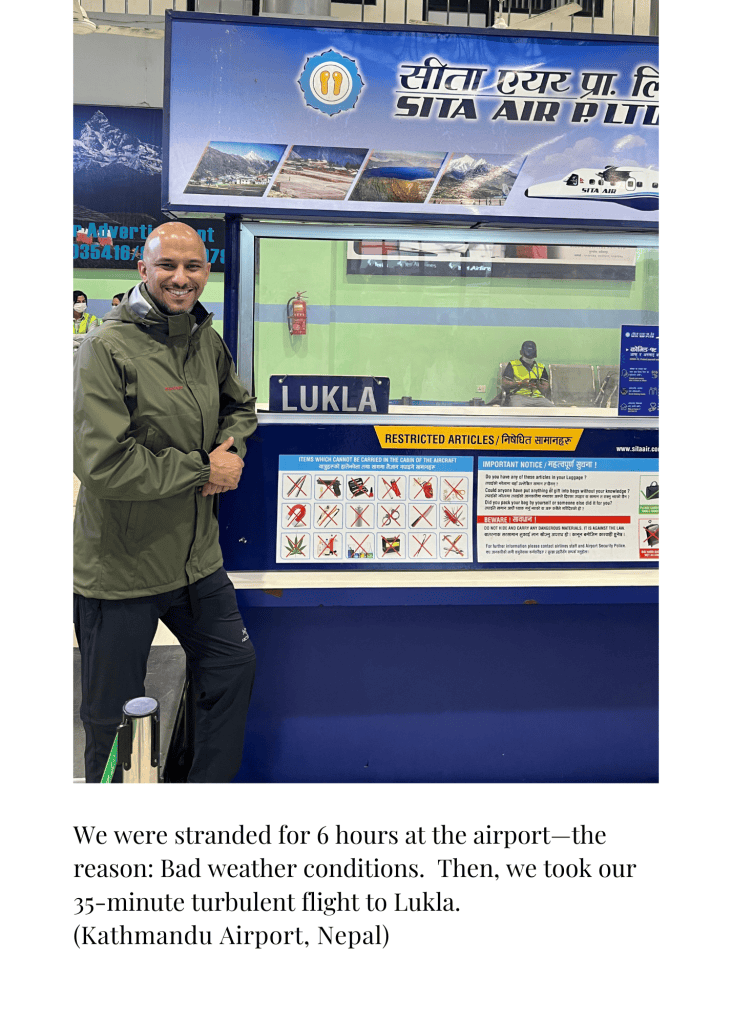 Mohamed Isa at the Sita Air counter for Lukla at Kathmandu Airport, after a six-hour weather delay
