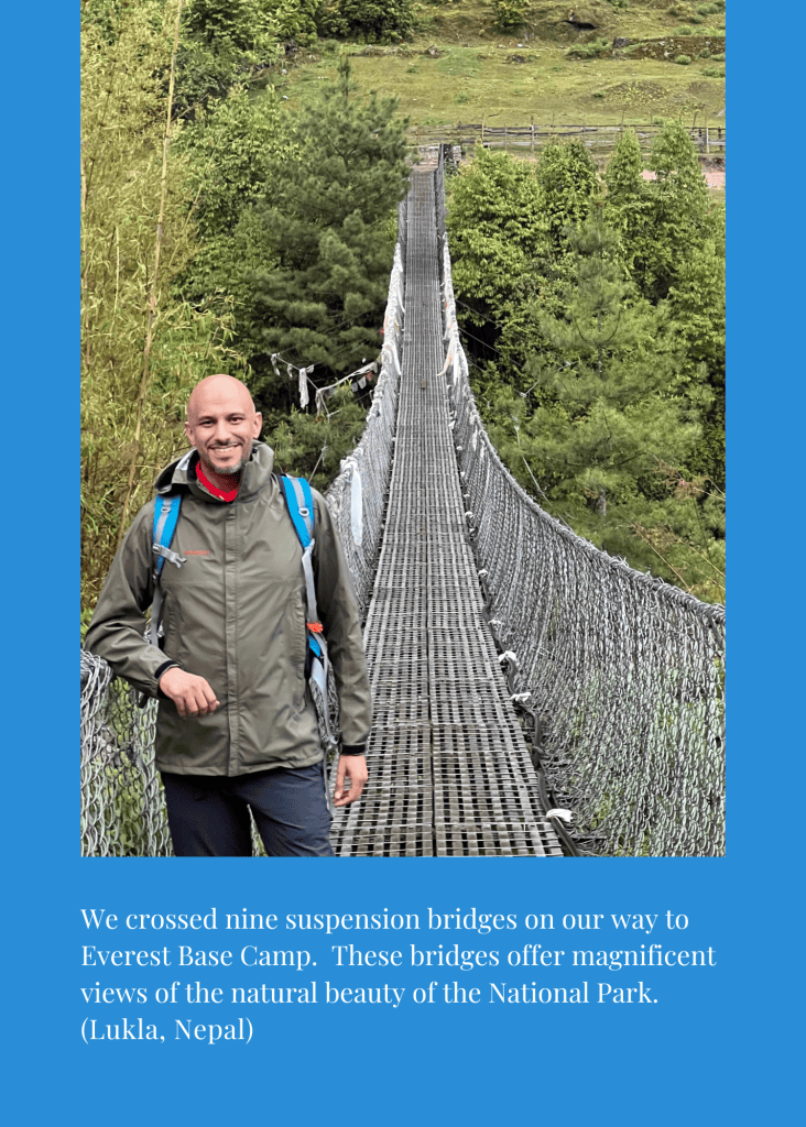 Mohamed Isa on one of the nine suspension bridges on the way to Everest Base Camp
