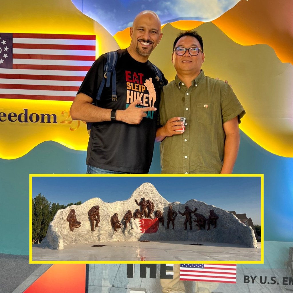 Mohamed Isa with a fellow attendee at the Ascent Summit, with an inset photo of a mountain monument