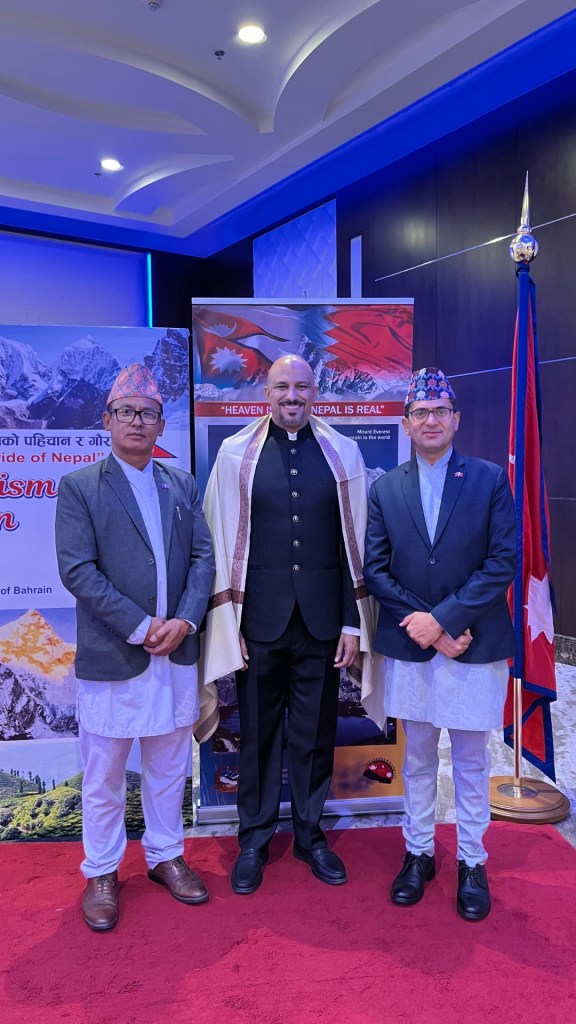 Mohamed Isa with H.E. Tirtha Raj Wagle, Ambassador of Nepal to Bahrain, and Deepak Gurung, President of the Nepali Club of Bahrain